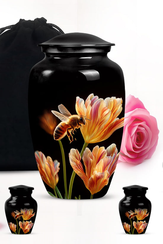 Obsidian Black Bee Cremation Urn top-down view of secure threaded lid - traditional bee engraving with hand-polished finish - memorial set with one large and four small urns