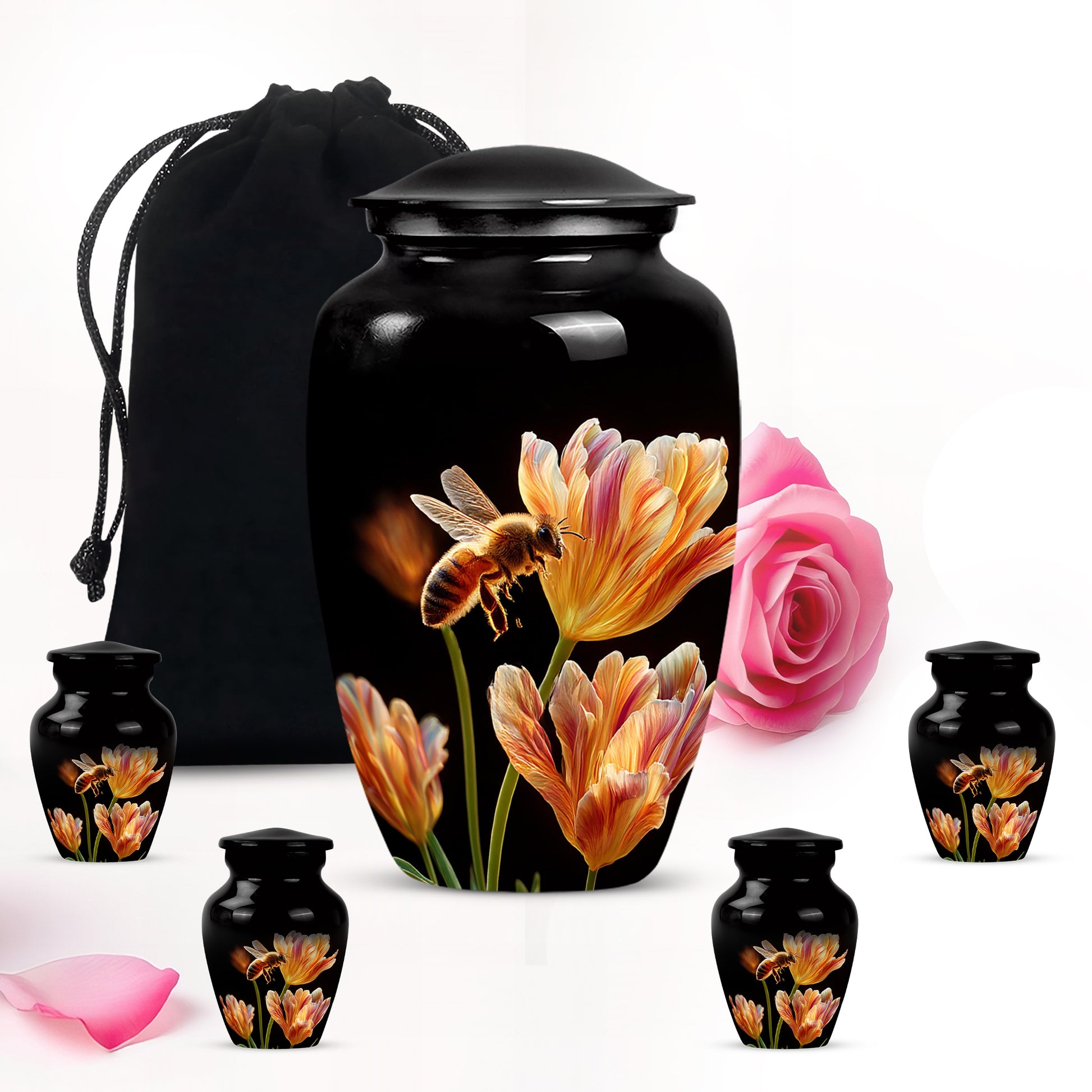 Obsidian Black Bee Cremation Urn top-down view of secure threaded lid - traditional bee engraving with hand-polished finish - memorial set with one large and four small urns