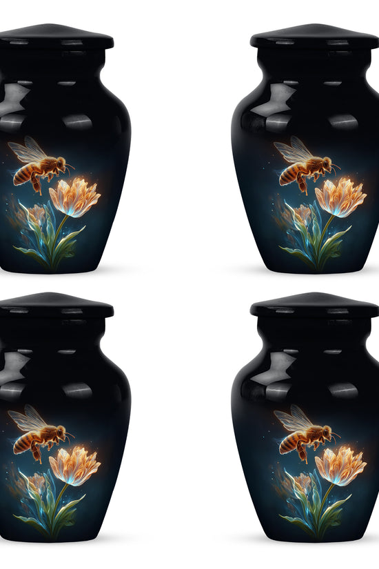 Obsidian Black Bee Cremation Urn side profile showing urn shape - traditional bee engraving with hand-polished finish - 10 inch aluminum urn for cremated remains