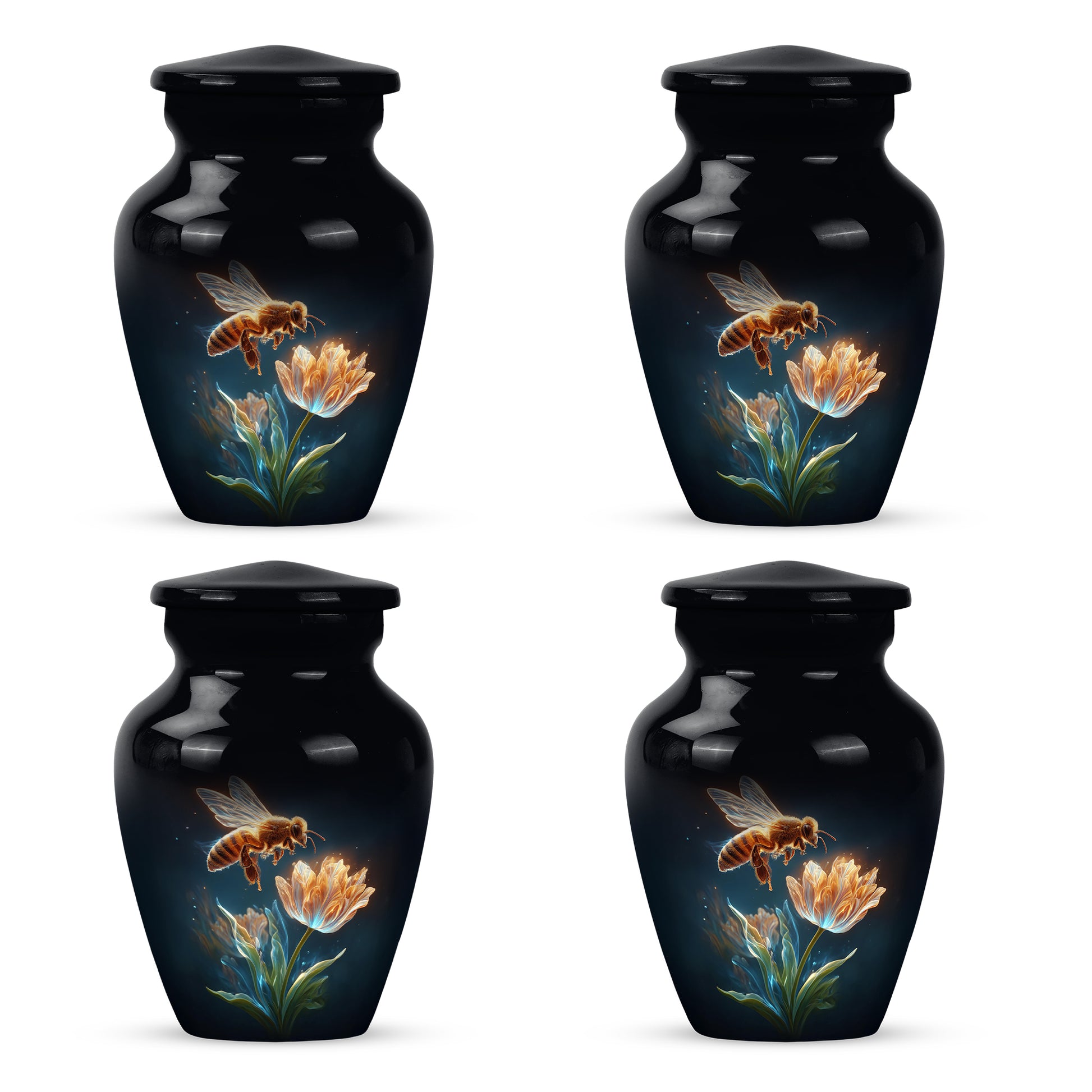 Obsidian Black Bee Cremation Urn side profile showing urn shape - traditional bee engraving with hand-polished finish - 10 inch aluminum urn for cremated remains
