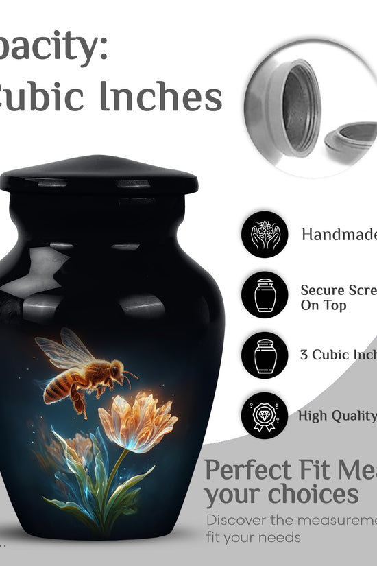 Obsidian Black Bee Cremation Urn close-up of engraving and surface detail - traditional bee engraving with hand-polished finish - mini keepsake memorial for portion of cremation ashes