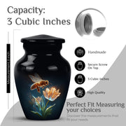 Obsidian Black Bee Cremation Urn close-up of engraving and surface detail - traditional bee engraving with hand-polished finish - mini keepsake memorial for portion of cremation ashes
