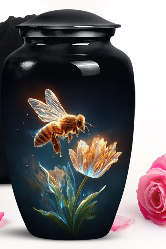 Rich Black Bee Cremation Urn angled view of lid and engraved motif - classic sculpted bee pattern on smooth aluminum - full-size 10 inch 200 cubic inch adult cremation urn
