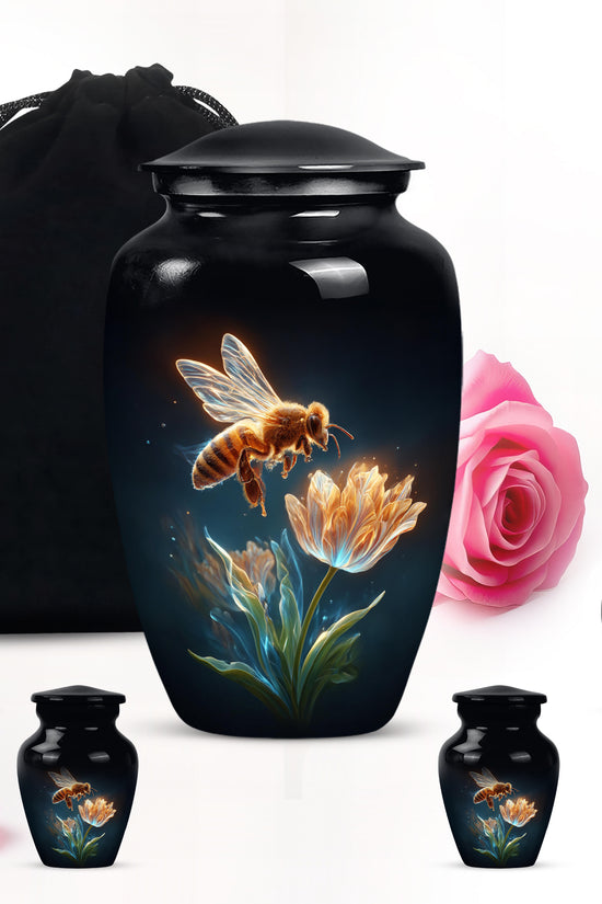 Ebony Bee Cremation Urn top-down view of secure threaded lid - classic sculpted bee pattern on smooth aluminum - memorial set with one large and four small urns