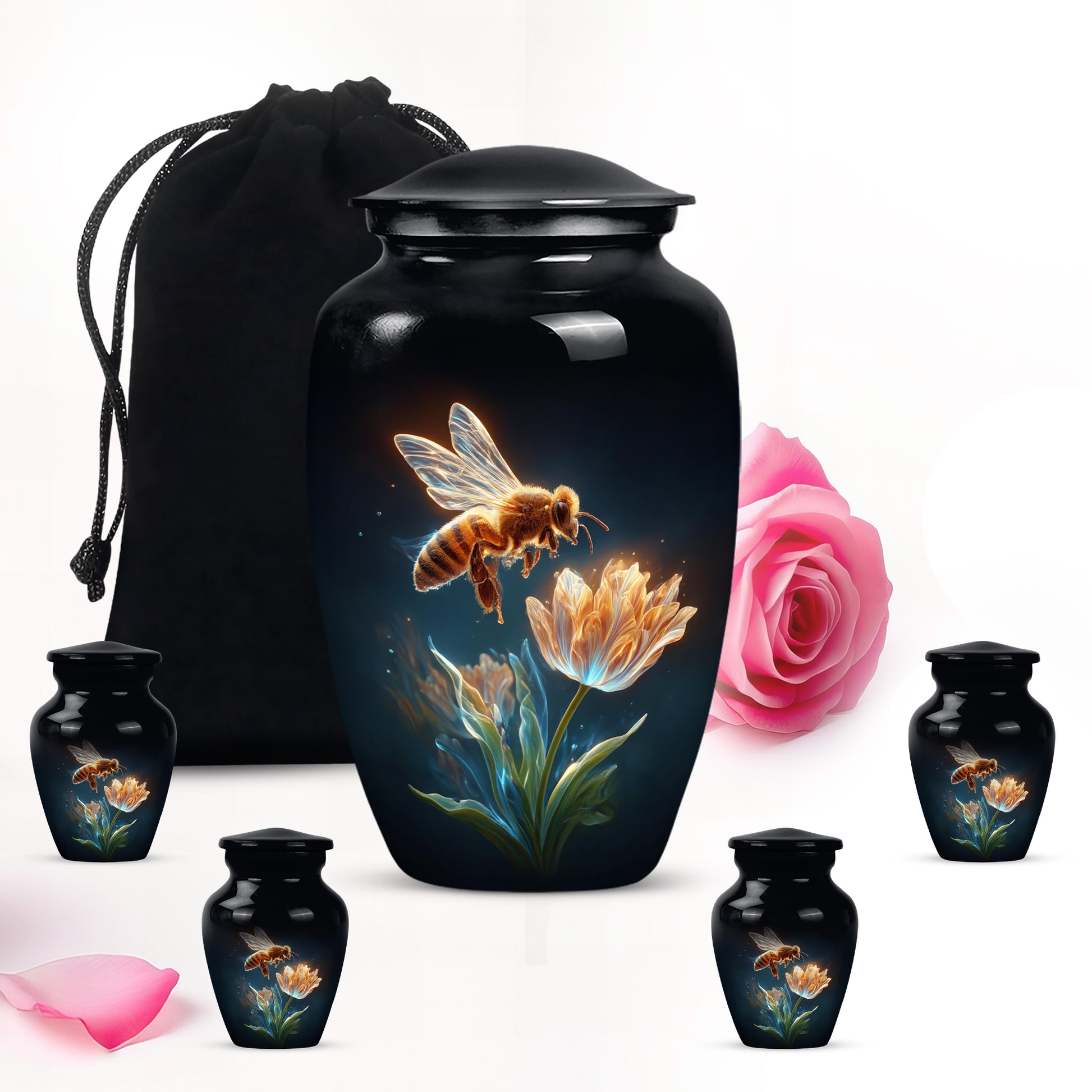 Ebony Bee Cremation Urn top-down view of secure threaded lid - classic sculpted bee pattern on smooth aluminum - memorial set with one large and four small urns