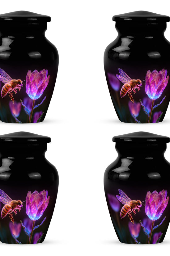 Charcoal Black Bee Cremation Urn side profile showing urn shape - traditional bee engraving with hand-polished finish - 10 inch aluminum urn for cremated remains