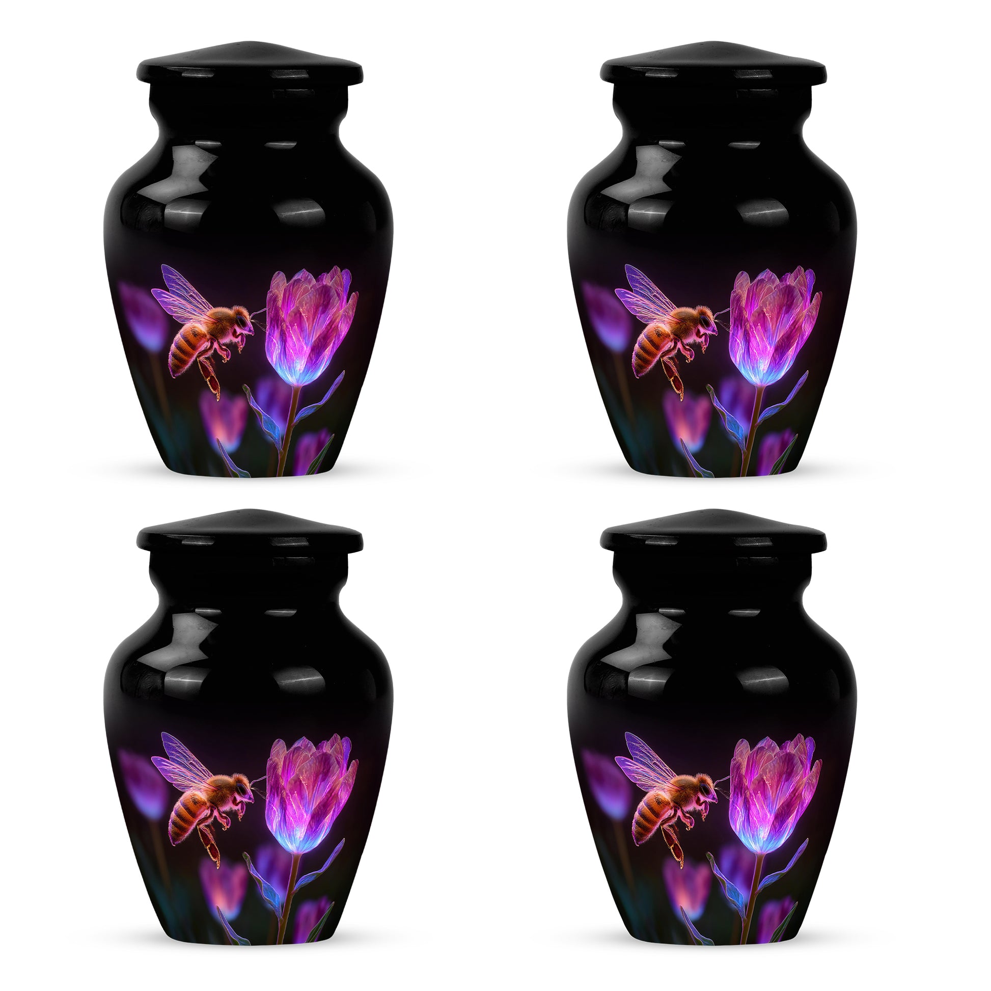 Charcoal Black Bee Cremation Urn side profile showing urn shape - traditional bee engraving with hand-polished finish - 10 inch aluminum urn for cremated remains