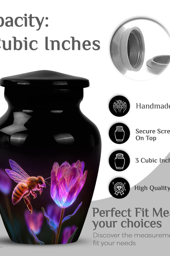 Ebony Bee Cremation Urn close-up of engraving and surface detail - timeless bee motif etched into premium metal - mini keepsake memorial for portion of cremation ashes