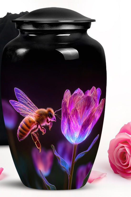 Ebony Bee Cremation Urn angled view of lid and engraved motif - classic sculpted bee pattern on smooth aluminum - full-size 10 inch 200 cubic inch adult cremation urn