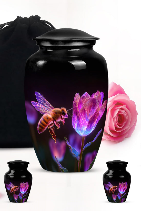 Glossy Black Bee Cremation Urn top-down view of secure threaded lid - timeless bee motif etched into premium metal - memorial set with one large and four small urns