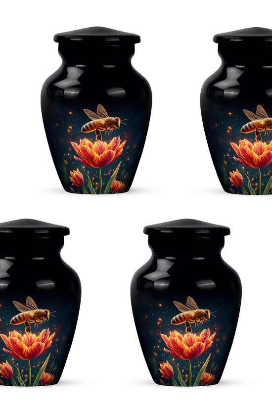 Dark Black Bee Cremation Urn side profile showing urn shape - traditional bee engraving with hand-polished finish - 10 inch aluminum urn for cremated remains