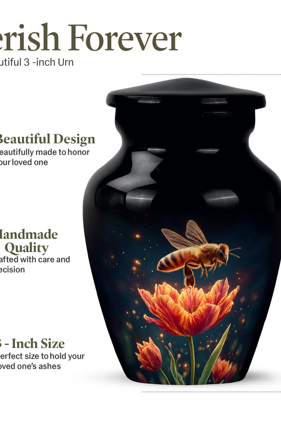 Midnight Black Bee Cremation Urn close-up of engraving and surface detail - elegant classic bee relief with fine detailing - mini keepsake memorial for portion of cremation ashes