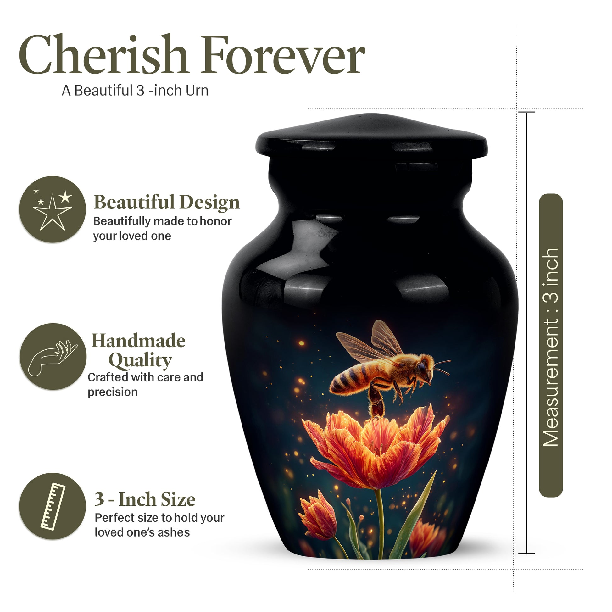 Midnight Black Bee Cremation Urn close-up of engraving and surface detail - elegant classic bee relief with fine detailing - mini keepsake memorial for portion of cremation ashes
