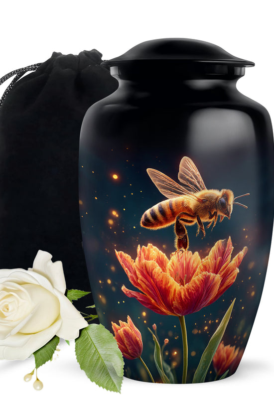 Ebony Bee Cremation Urn angled view of lid and engraved motif - classic sculpted bee pattern on smooth aluminum - full-size 10 inch 200 cubic inch adult cremation urn