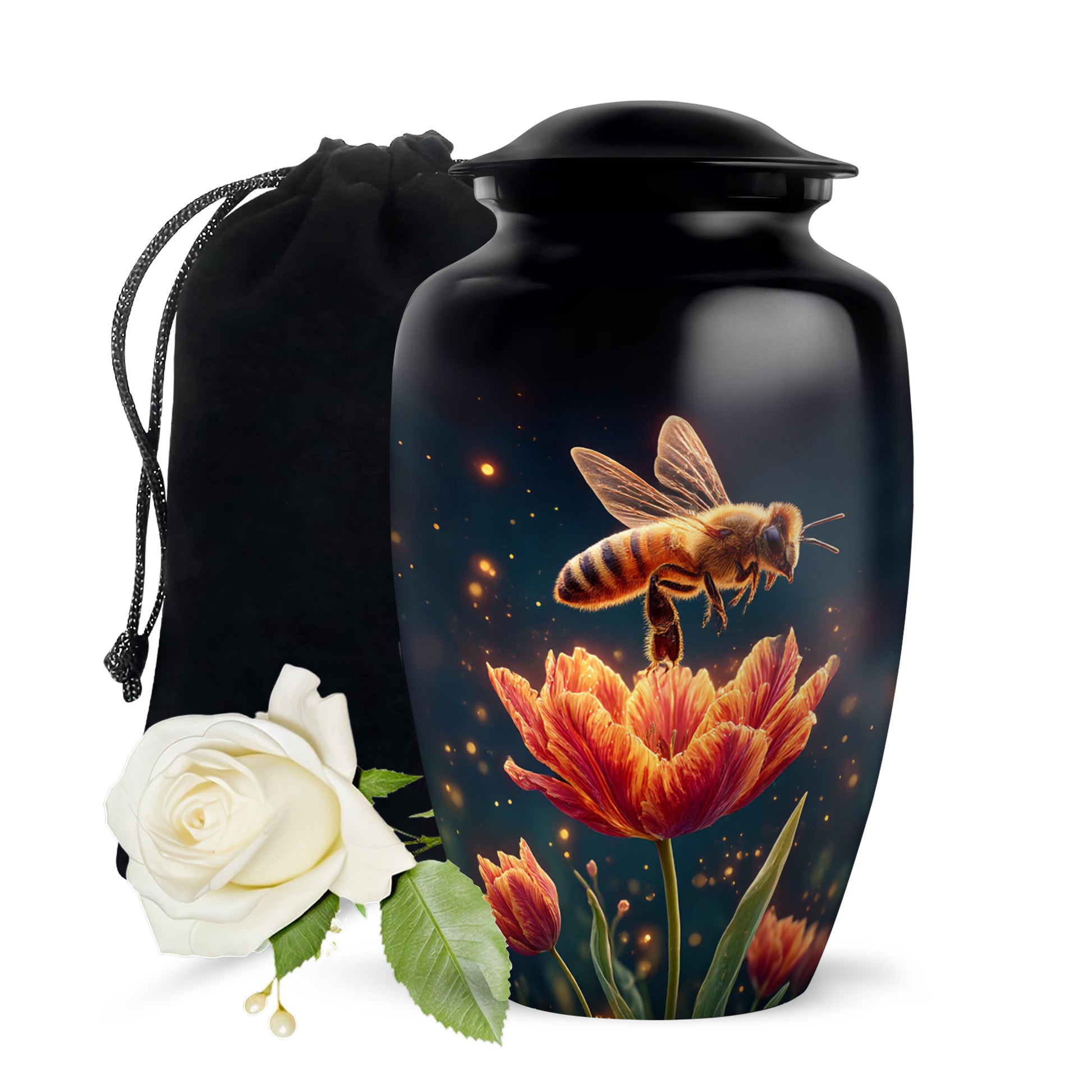 Ebony Bee Cremation Urn angled view of lid and engraved motif - classic sculpted bee pattern on smooth aluminum - full-size 10 inch 200 cubic inch adult cremation urn