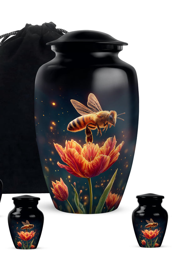 Glossy Black Bee Cremation Urn top-down view of secure threaded lid - timeless bee motif etched into premium metal - memorial set with one large and four small urns