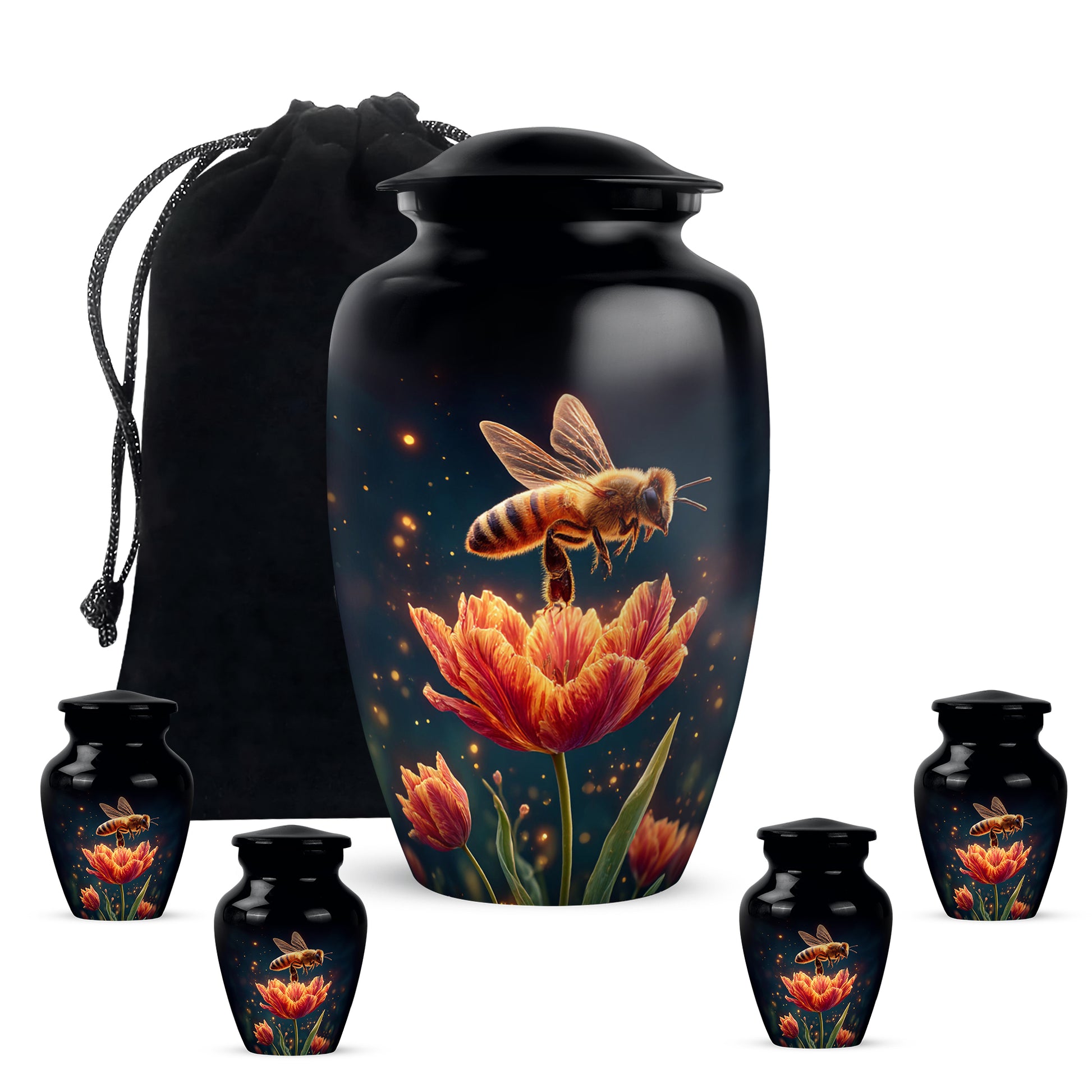 Glossy Black Bee Cremation Urn top-down view of secure threaded lid - timeless bee motif etched into premium metal - memorial set with one large and four small urns
