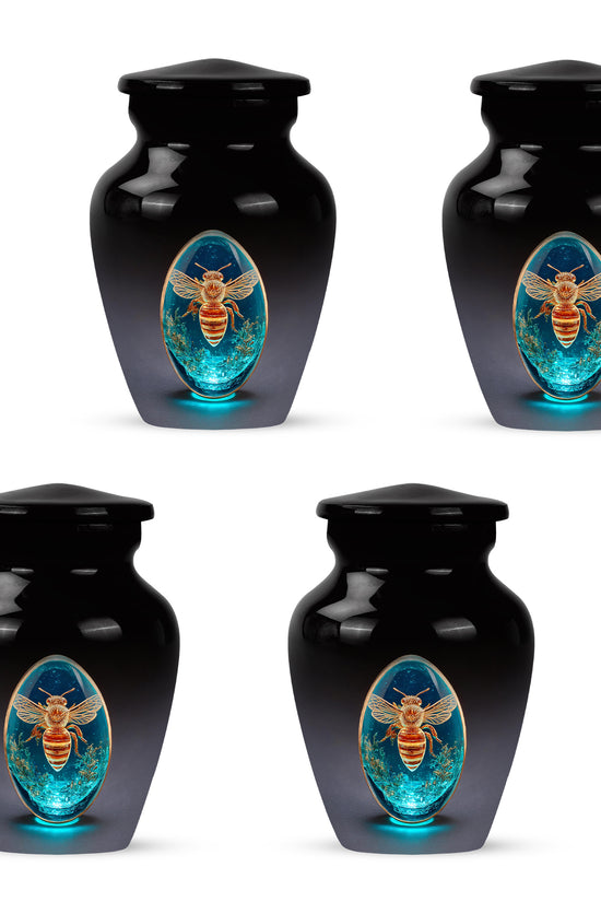 Rich Black Bee Cremation Urn side profile showing urn shape - classic sculpted bee pattern on smooth aluminum - 10 inch aluminum urn for cremated remains