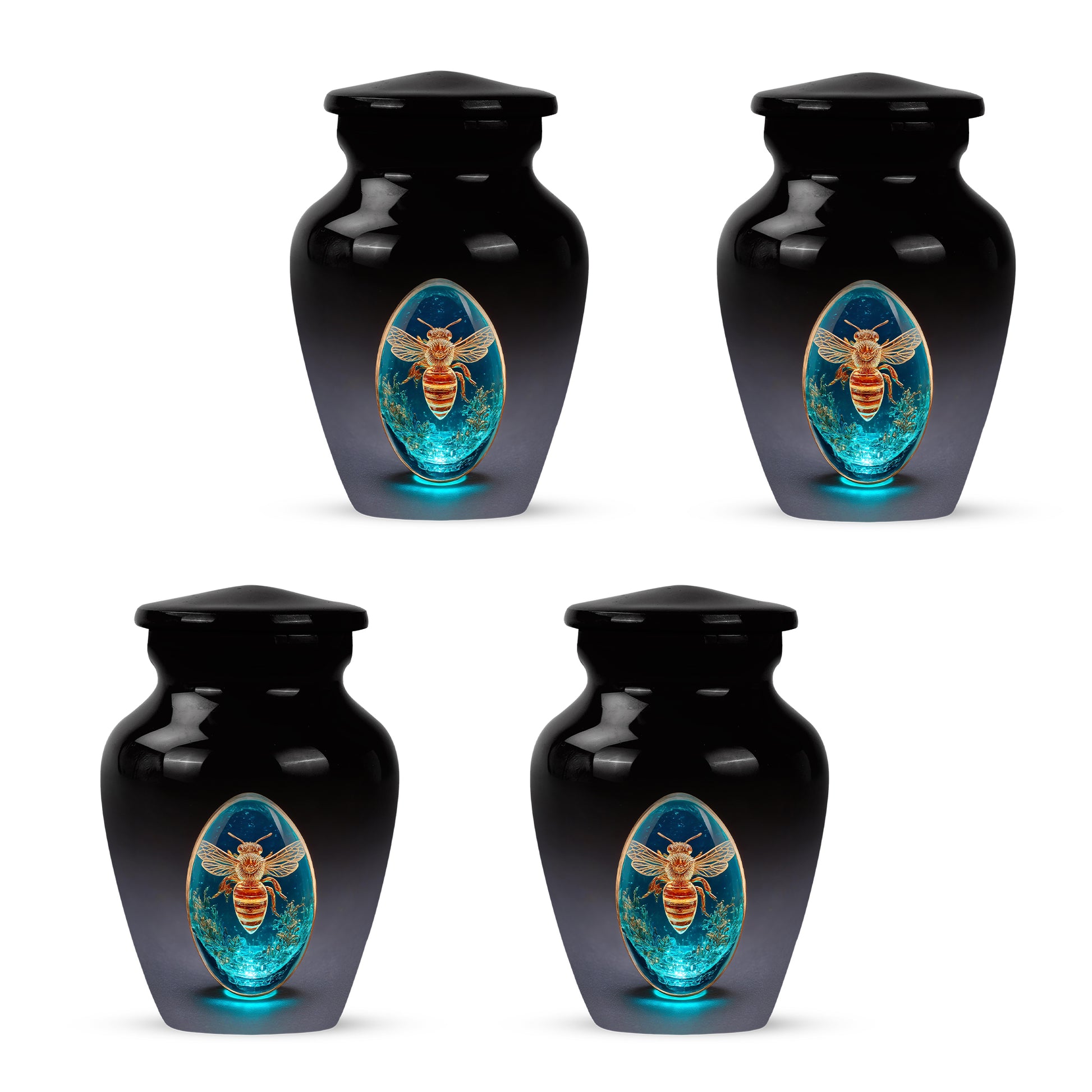 Rich Black Bee Cremation Urn side profile showing urn shape - classic sculpted bee pattern on smooth aluminum - 10 inch aluminum urn for cremated remains