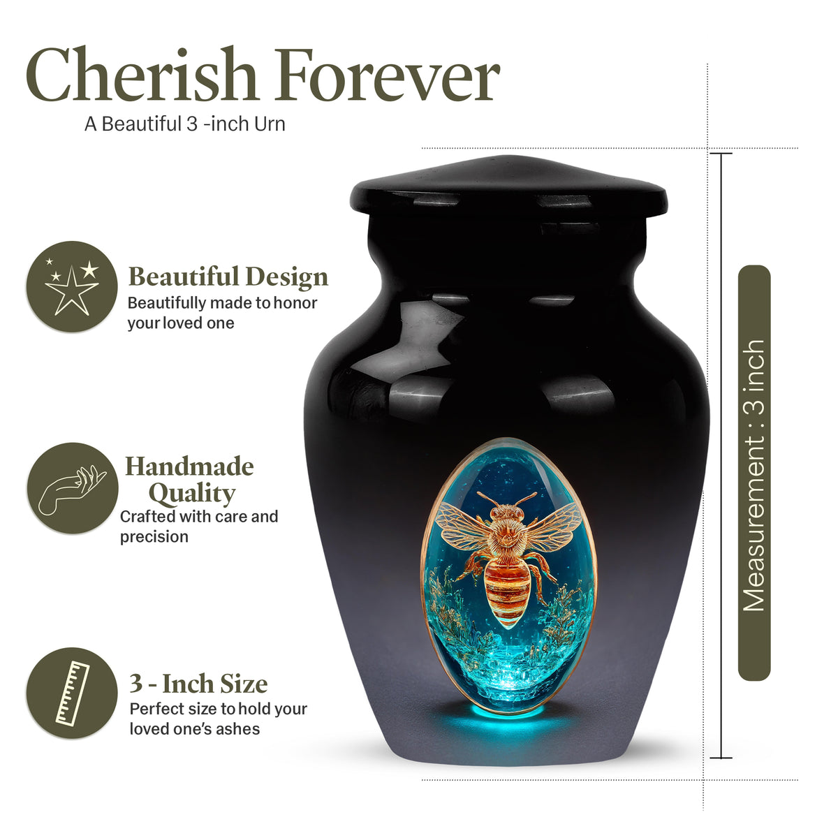Glossy Black Bee Cremation Urn close-up of engraving and surface detail - timeless bee motif etched into premium metal - mini keepsake memorial for portion of cremation ashes