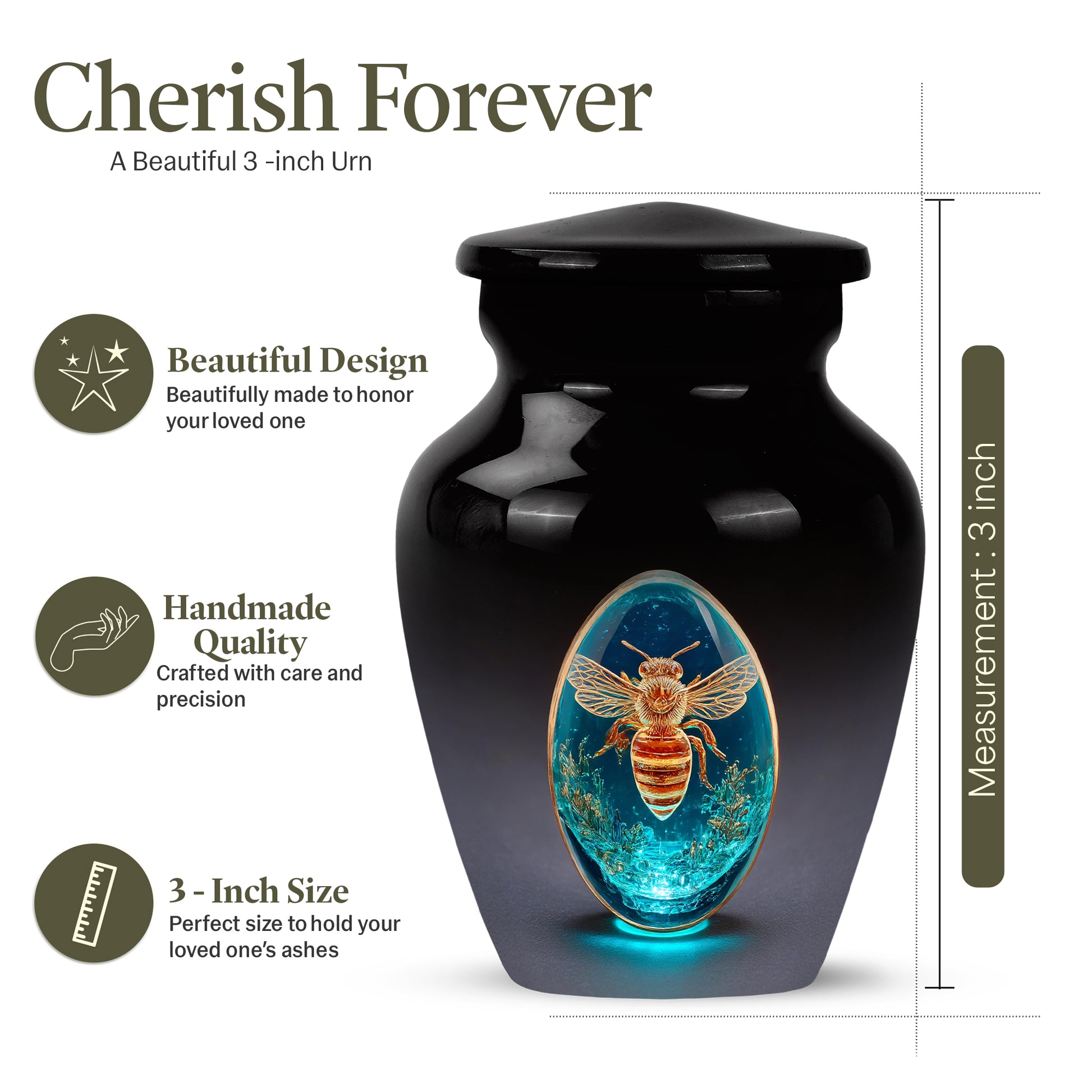 Glossy Black Bee Cremation Urn close-up of engraving and surface detail - timeless bee motif etched into premium metal - mini keepsake memorial for portion of cremation ashes