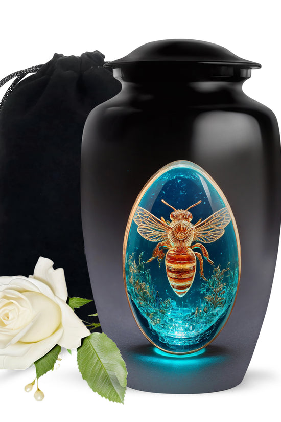 Jet Black Bee Cremation Urn angled view of lid and engraved motif - classic sculpted bee pattern on smooth aluminum - full-size 10 inch 200 cubic inch adult cremation urn