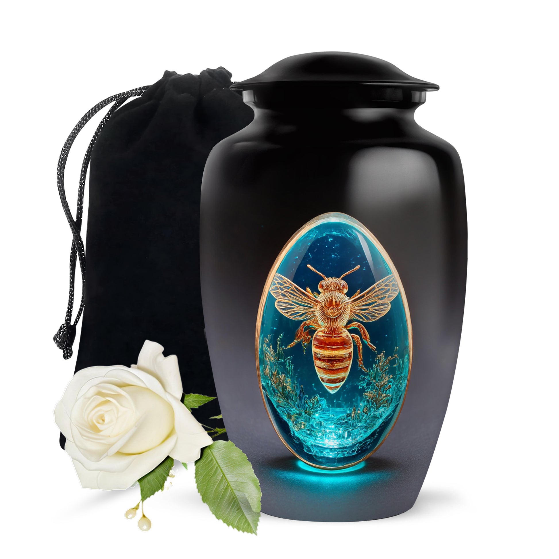 Jet Black Bee Cremation Urn angled view of lid and engraved motif - classic sculpted bee pattern on smooth aluminum - full-size 10 inch 200 cubic inch adult cremation urn