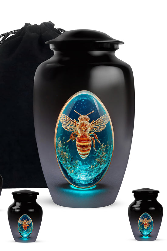Glossy Black Bee Cremation Urn top-down view of secure threaded lid - timeless bee motif etched into premium metal - memorial set with one large and four small urns