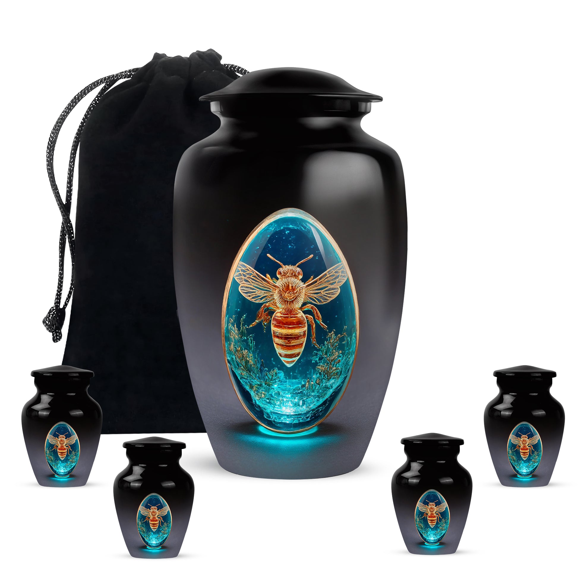 Glossy Black Bee Cremation Urn top-down view of secure threaded lid - timeless bee motif etched into premium metal - memorial set with one large and four small urns