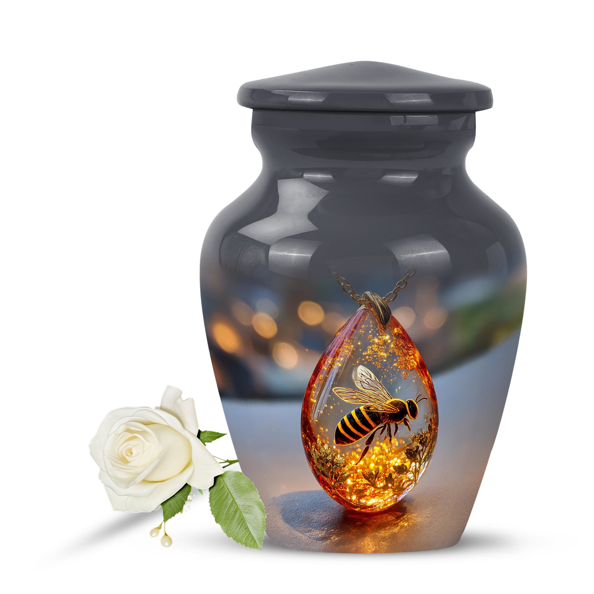 Black Resounding Bee Memorial Urn for Ashes - 10-inch, 200 cu in - Karyliz