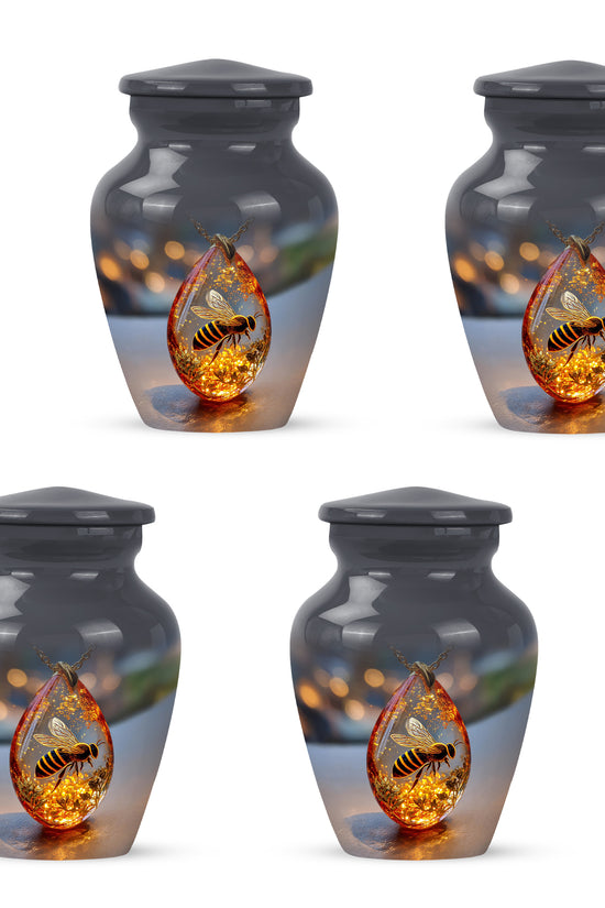 Ebony Bee Cremation Urn side profile showing urn shape - timeless bee motif etched into premium metal - 10 inch aluminum urn for cremated remains