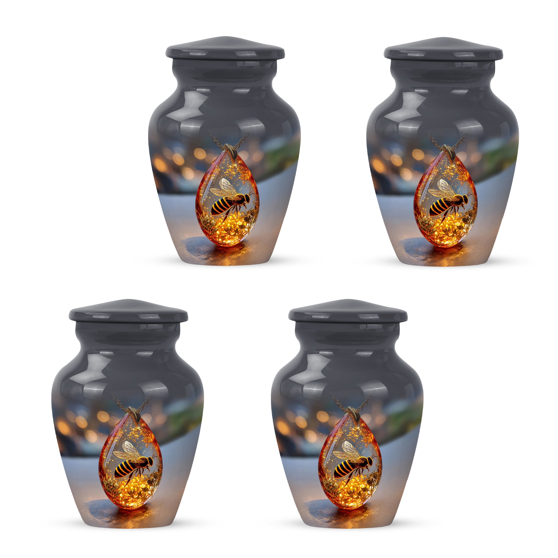 Ebony Bee Cremation Urn side profile showing urn shape - timeless bee motif etched into premium metal - 10 inch aluminum urn for cremated remains