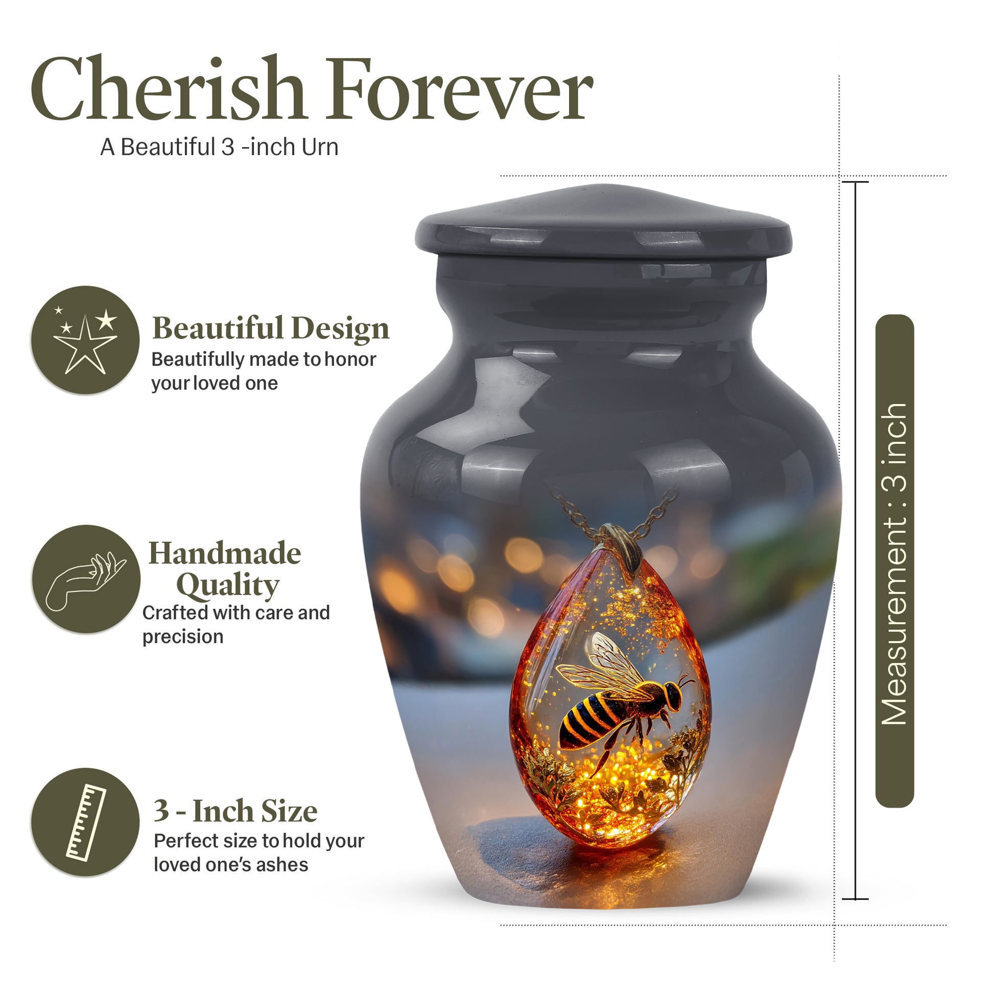 Obsidian Black Bee Cremation Urn close-up of engraving and surface detail - elegant classic bee relief with fine detailing - mini keepsake memorial for portion of cremation ashes