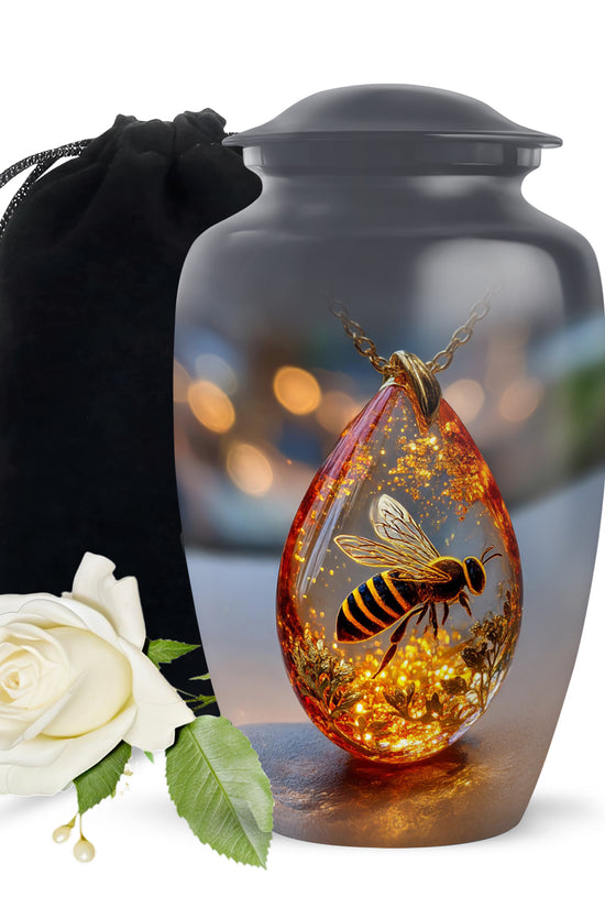 Dark Black Bee Cremation Urn angled view of lid and engraved motif - elegant classic bee relief with fine detailing - full-size 10 inch 200 cubic inch adult cremation urn