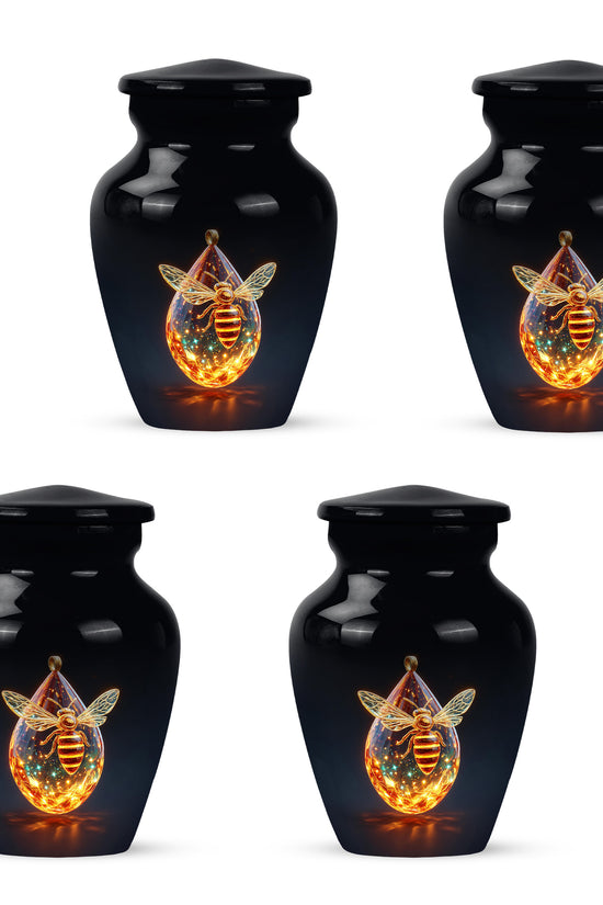 Rich Black Bee Cremation Urn side profile showing urn shape - timeless bee motif etched into premium metal - 10 inch aluminum urn for cremated remains