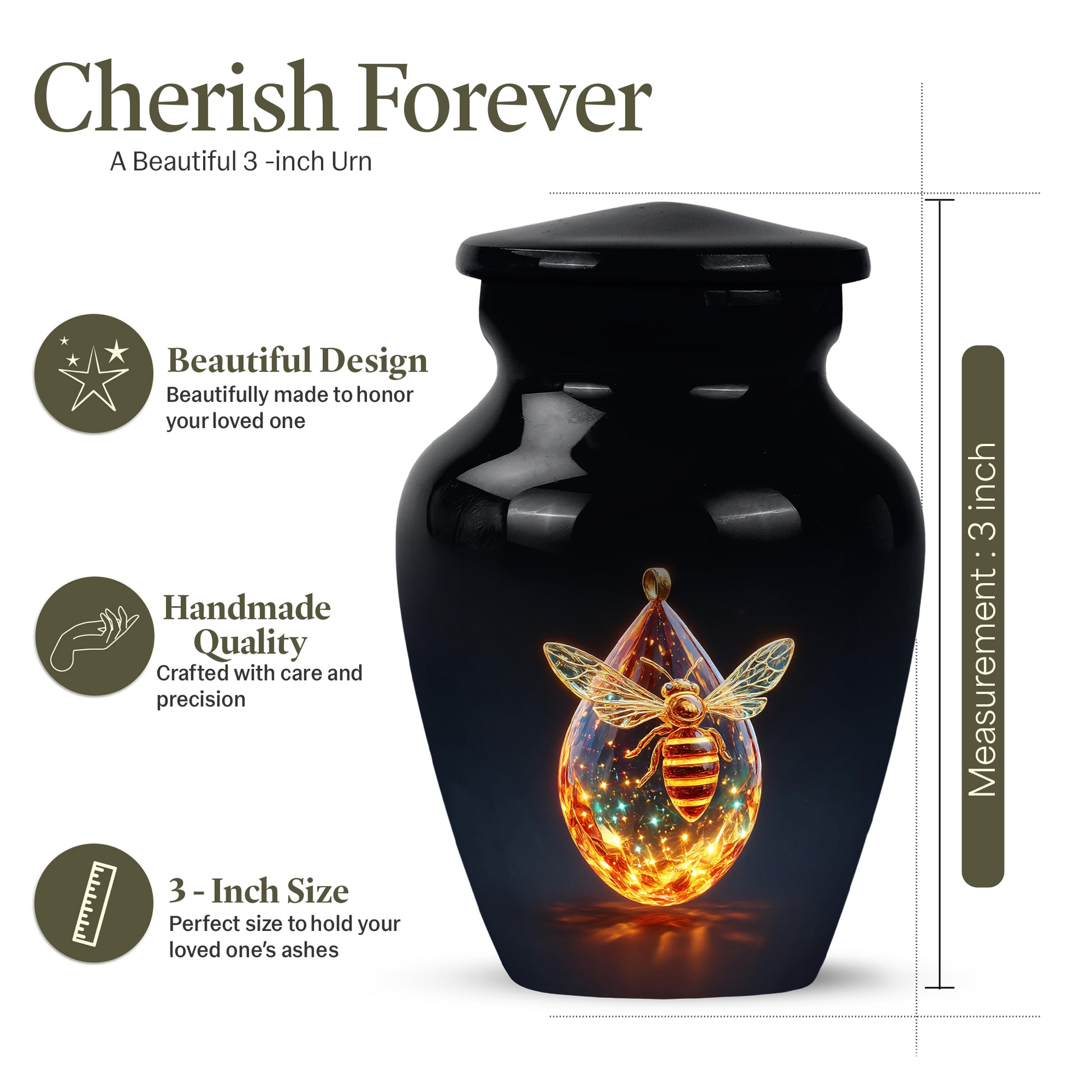 Rich Black Bee Cremation Urn close-up of engraving and surface detail - timeless bee motif etched into premium metal - mini keepsake memorial for portion of cremation ashes