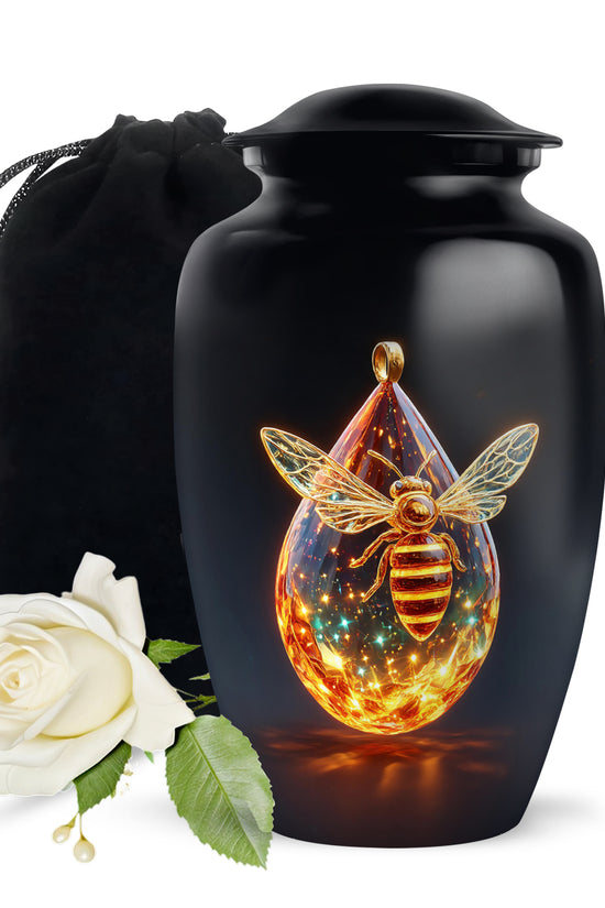 Onyx Black Bee Cremation Urn angled view of lid and engraved motif - traditional bee engraving with hand-polished finish - full-size 10 inch 200 cubic inch adult cremation urn