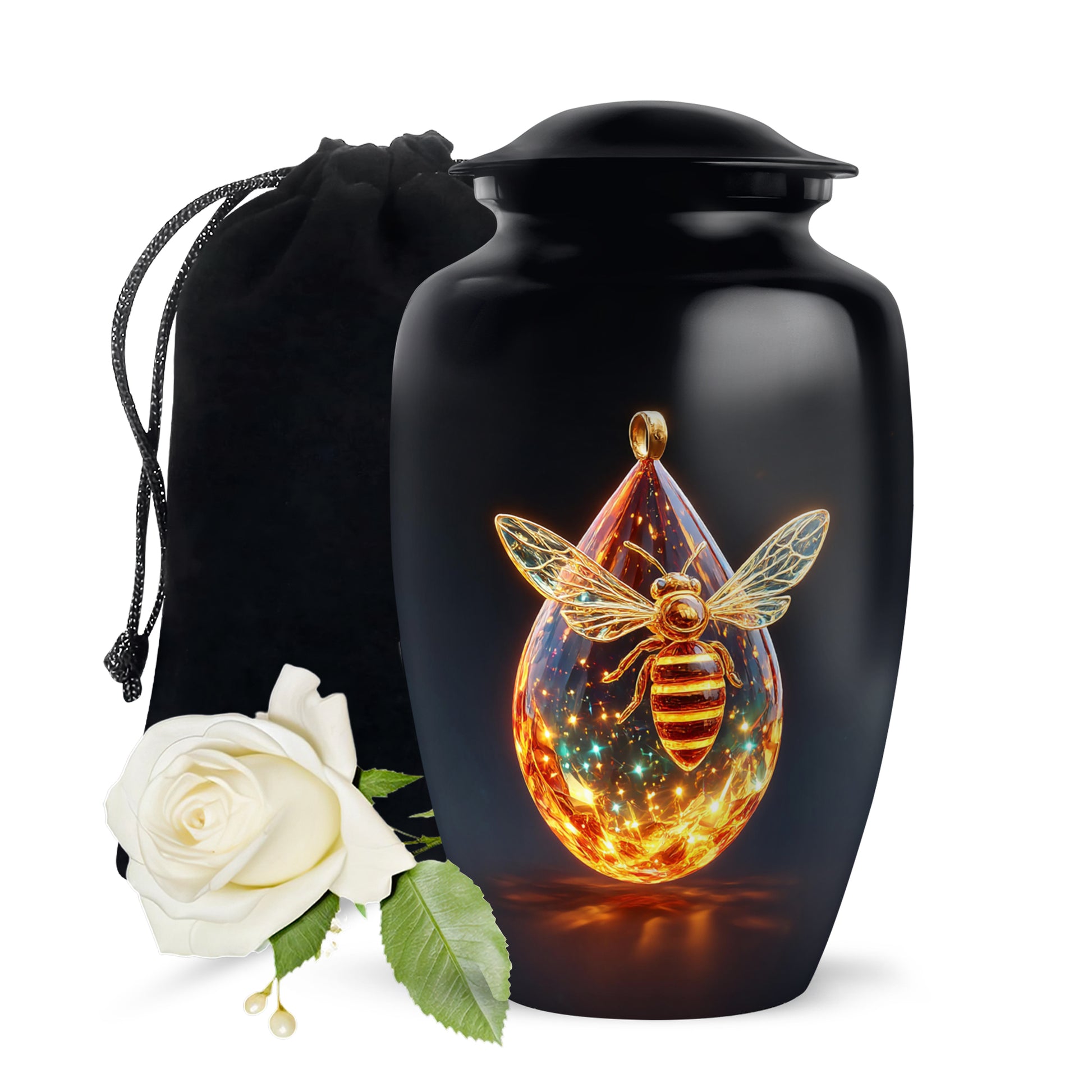 Onyx Black Bee Cremation Urn angled view of lid and engraved motif - traditional bee engraving with hand-polished finish - full-size 10 inch 200 cubic inch adult cremation urn