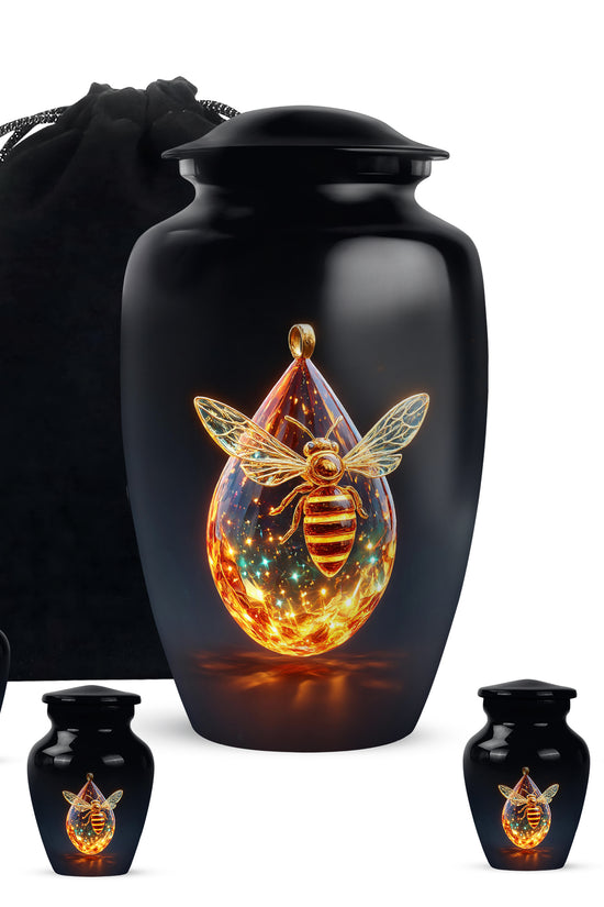Obsidian Black Bee Cremation Urn top-down view of secure threaded lid - elegant classic bee relief with fine detailing - memorial set with one large and four small urns