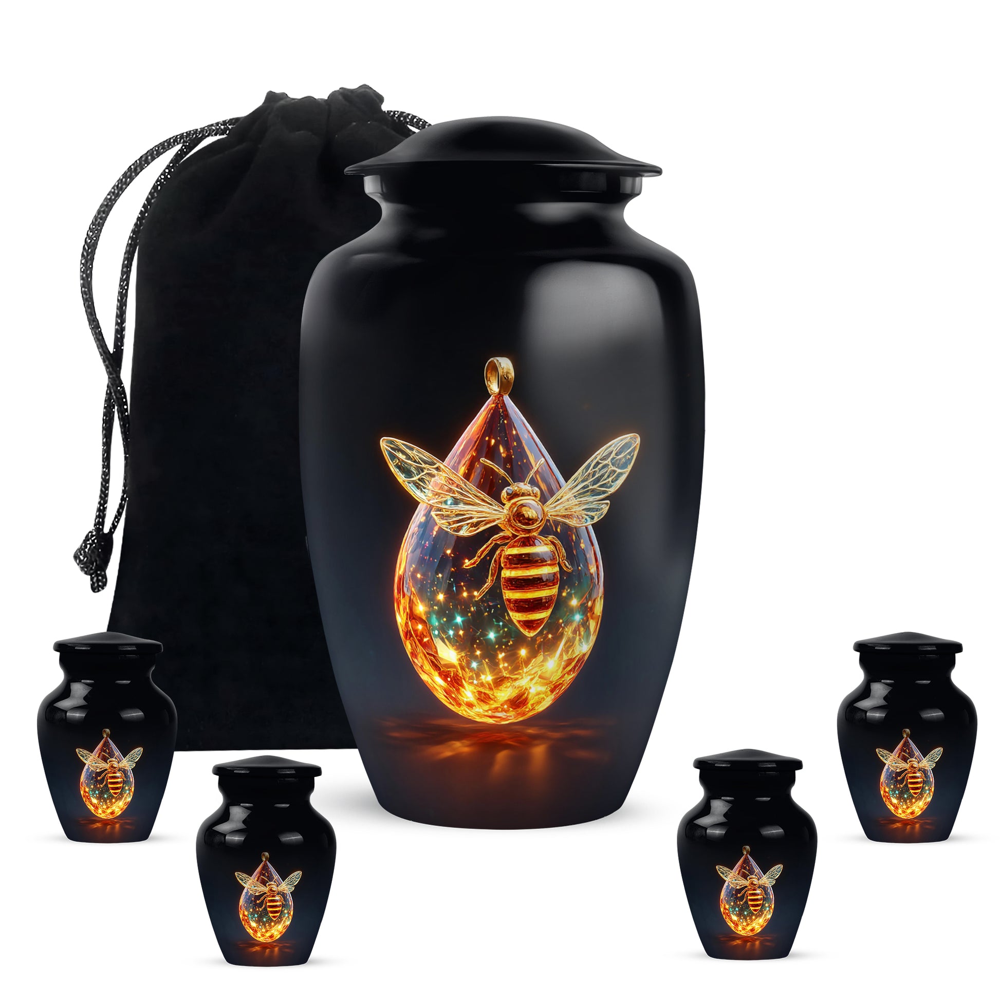 Obsidian Black Bee Cremation Urn top-down view of secure threaded lid - elegant classic bee relief with fine detailing - memorial set with one large and four small urns
