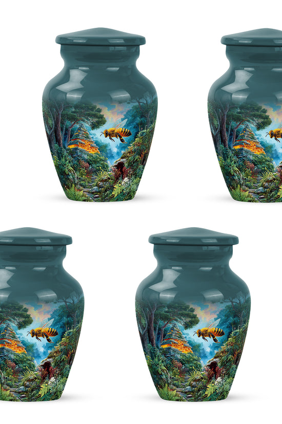 Jewel Teal Bee Cremation Urn side profile showing urn shape - timeless bee motif etched into premium metal - 10 inch aluminum urn for cremated remains