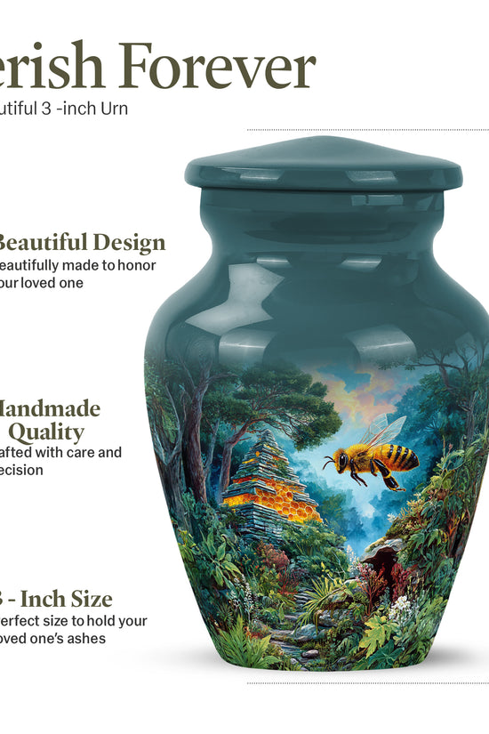 Ocean Teal Bee Cremation Urn close-up of engraving and surface detail - classic sculpted bee pattern on smooth aluminum - mini keepsake memorial for portion of cremation ashes