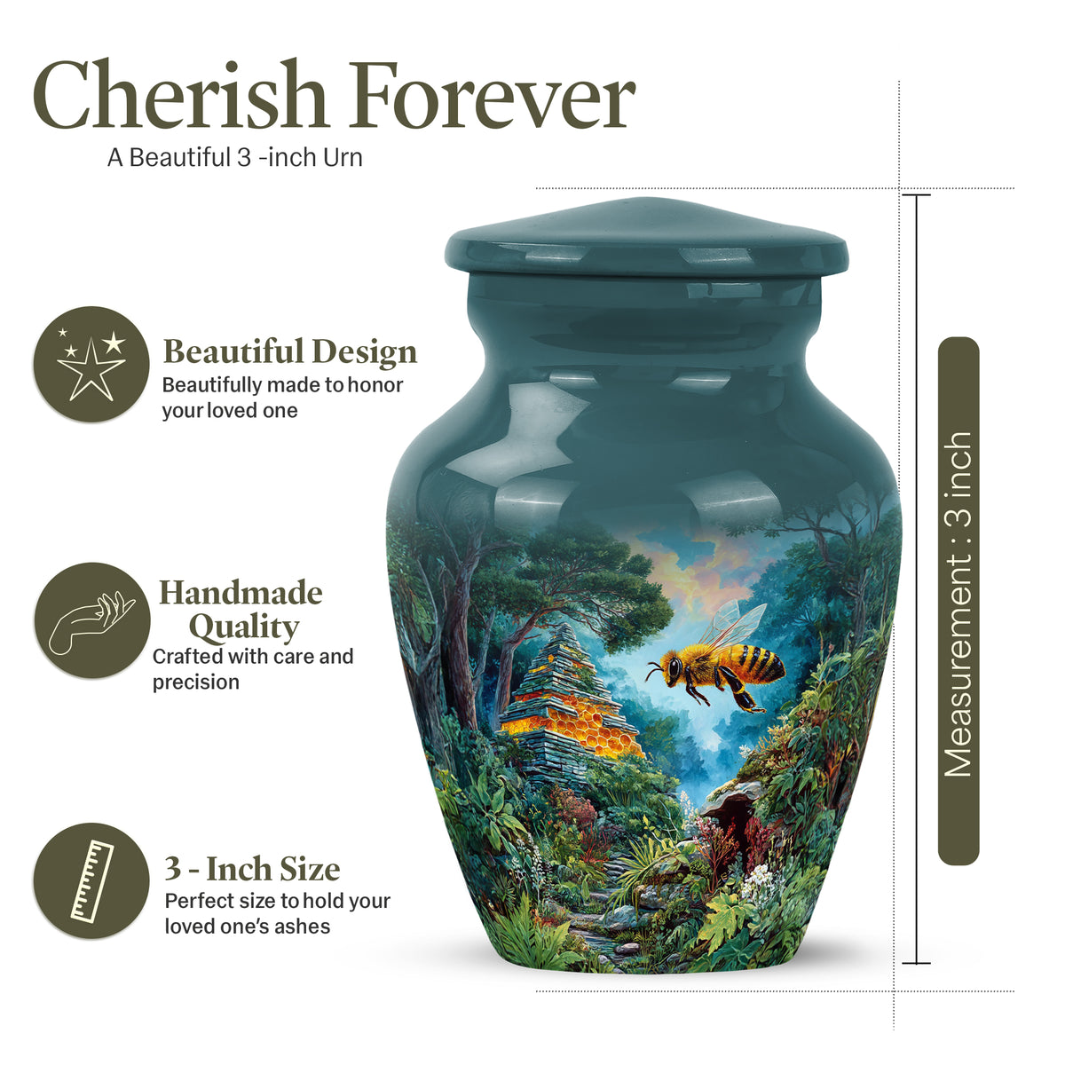Ocean Teal Bee Cremation Urn close-up of engraving and surface detail - classic sculpted bee pattern on smooth aluminum - mini keepsake memorial for portion of cremation ashes