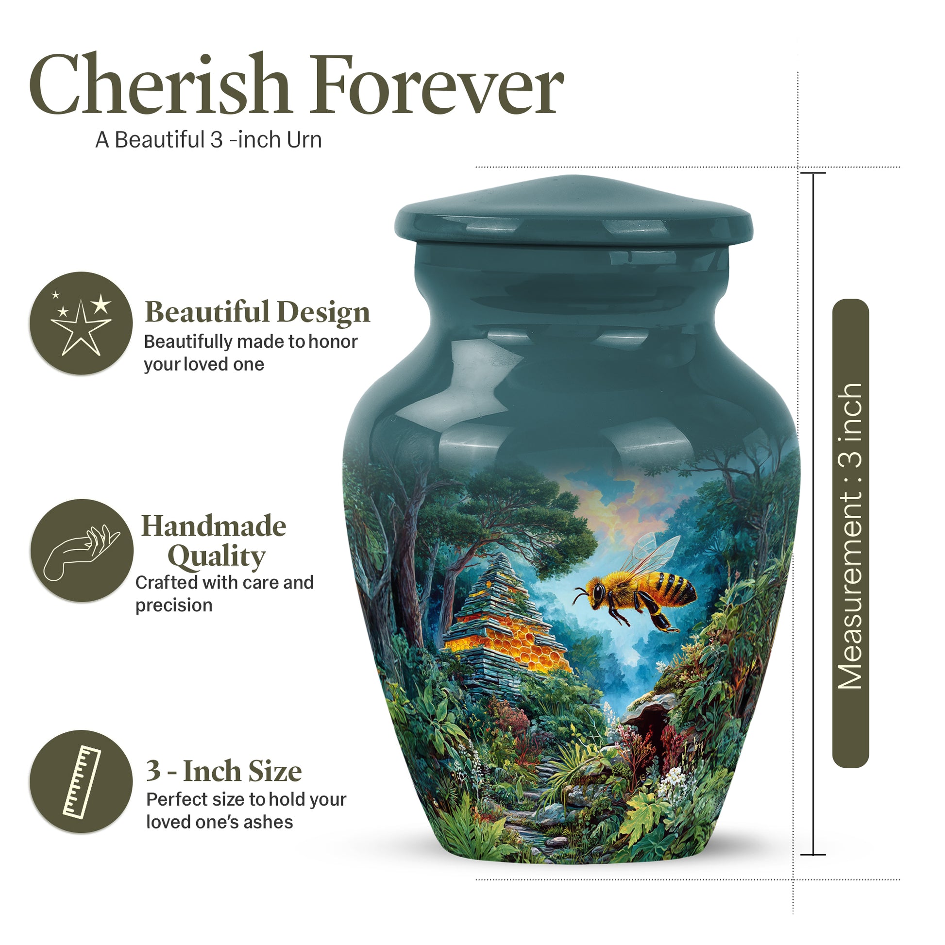 Ocean Teal Bee Cremation Urn close-up of engraving and surface detail - classic sculpted bee pattern on smooth aluminum - mini keepsake memorial for portion of cremation ashes