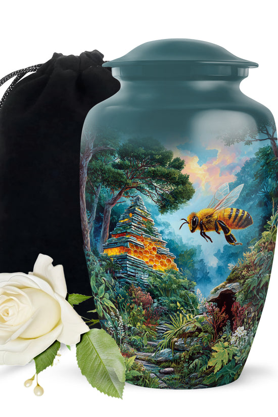Cool Teal Bee Cremation Urn angled view of lid and engraved motif - classic sculpted bee pattern on smooth aluminum - full-size 10 inch 200 cubic inch adult cremation urn