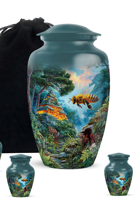 Soft Teal Bee Cremation Urn top-down view of secure threaded lid - timeless bee motif etched into premium metal - memorial set with one large and four small urns