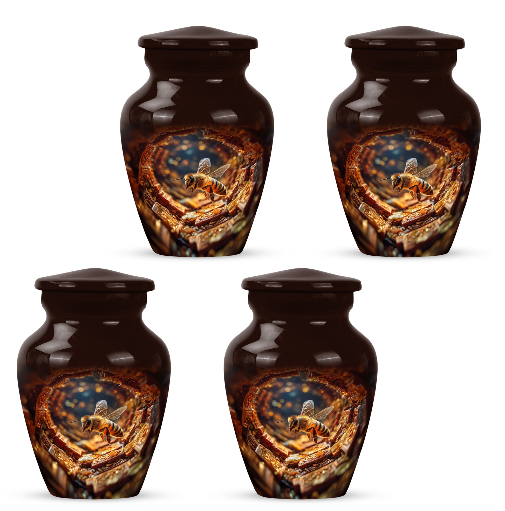 Rich Red Bee Cremation Urn side profile showing urn shape - elegant classic bee relief with fine detailing - 10 inch aluminum urn for cremated remains