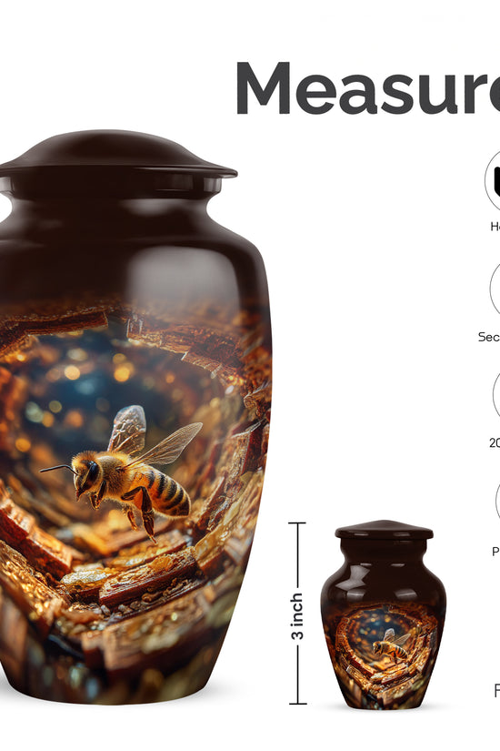 Cherry Red Bee Cremation Urn close-up of engraving and surface detail - traditional bee engraving with hand-polished finish - mini keepsake memorial for portion of cremation ashes