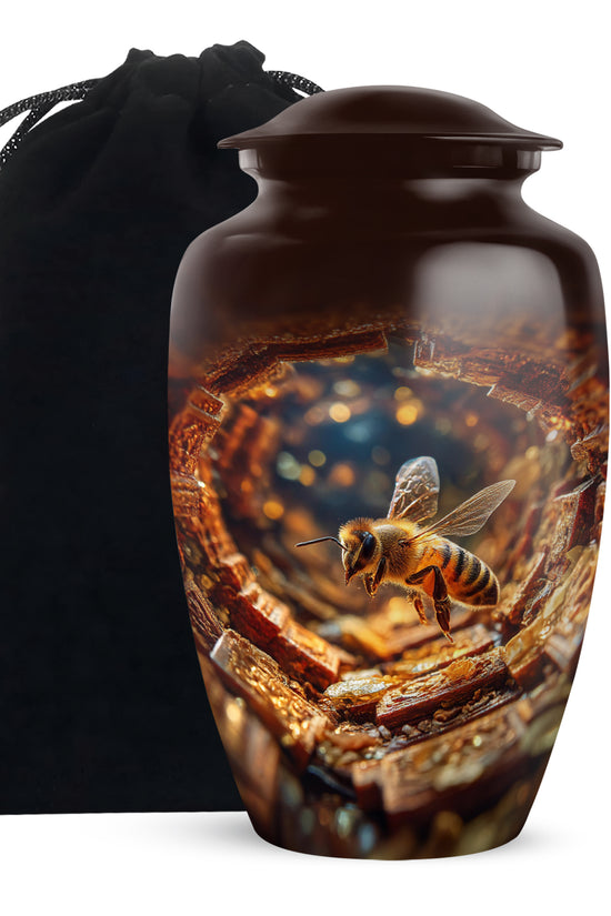Garnet Red Bee Cremation Urn angled view of lid and engraved motif - timeless bee motif etched into premium metal - full-size 10 inch 200 cubic inch adult cremation urn