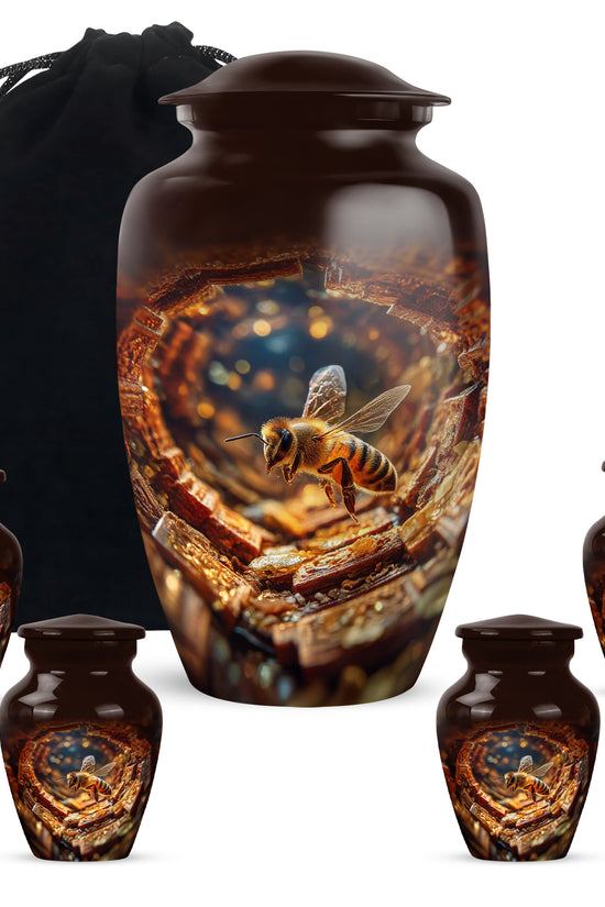 Crimson Red Bee Cremation Urn top-down view of secure threaded lid - timeless bee motif etched into premium metal - memorial set with one large and four small urns